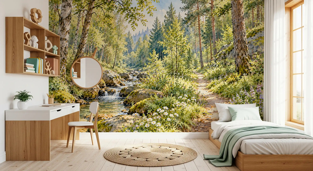 Auringon valaisema metsäpuro ja niitty -seinämaalaus