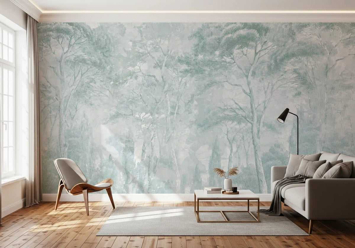 Mural de pared con paisaje de bosque brumoso en verde salvia y azul huevo de pato