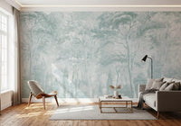 Mural de pared con paisaje de bosque brumoso en verde salvia y azul huevo de pato