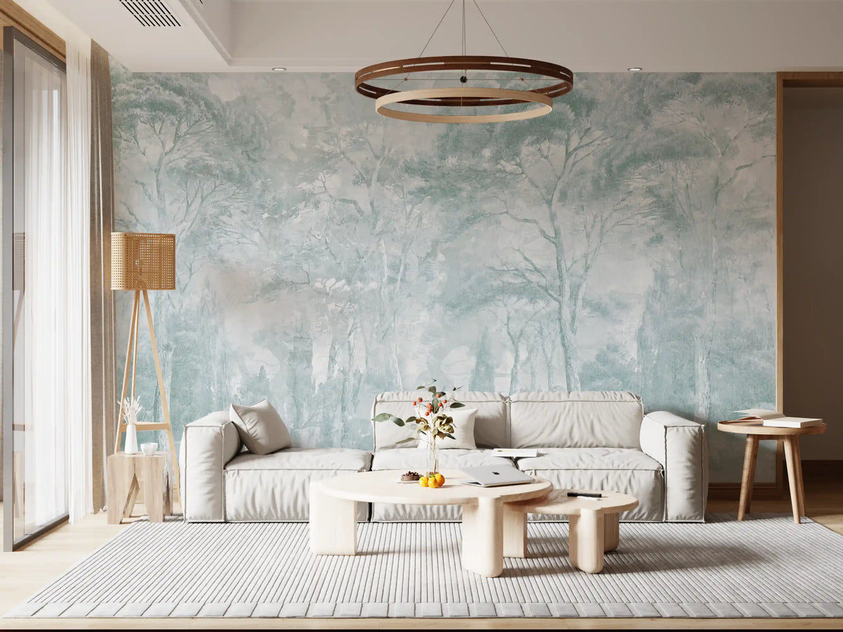 Mural de pared con paisaje de bosque brumoso en verde salvia y azul huevo de pato