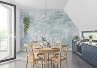 Mural de pared con paisaje de bosque brumoso en verde salvia y azul huevo de pato