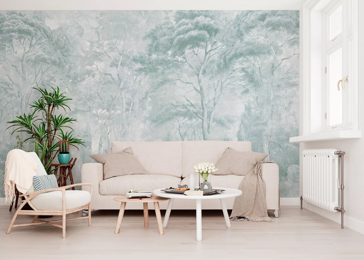Mural de pared con paisaje de bosque brumoso en verde salvia y azul huevo de pato