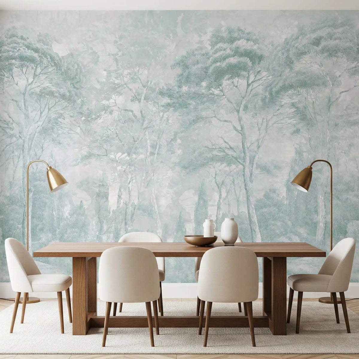 Mural de pared con paisaje de bosque brumoso en verde salvia y azul huevo de pato