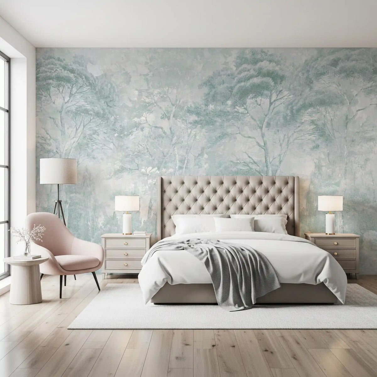 Mural de pared con paisaje de bosque brumoso en verde salvia y azul huevo de pato