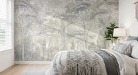 Fototapeta ścienna Misty Forest Landscape w ciepłym piaskowym i szarym odcieniu