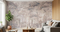 Vægmaleri med tåget skovlandskab i støvet mauve, taupe og gråbrune nuancer Vægmaleri