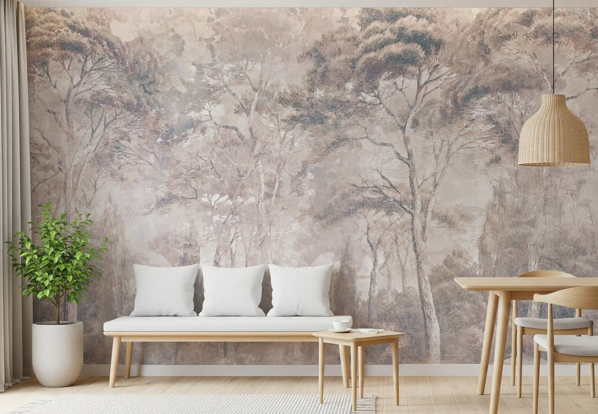 Vægmaleri med tåget skovlandskab i støvet mauve, taupe og gråbrune nuancer Vægmaleri