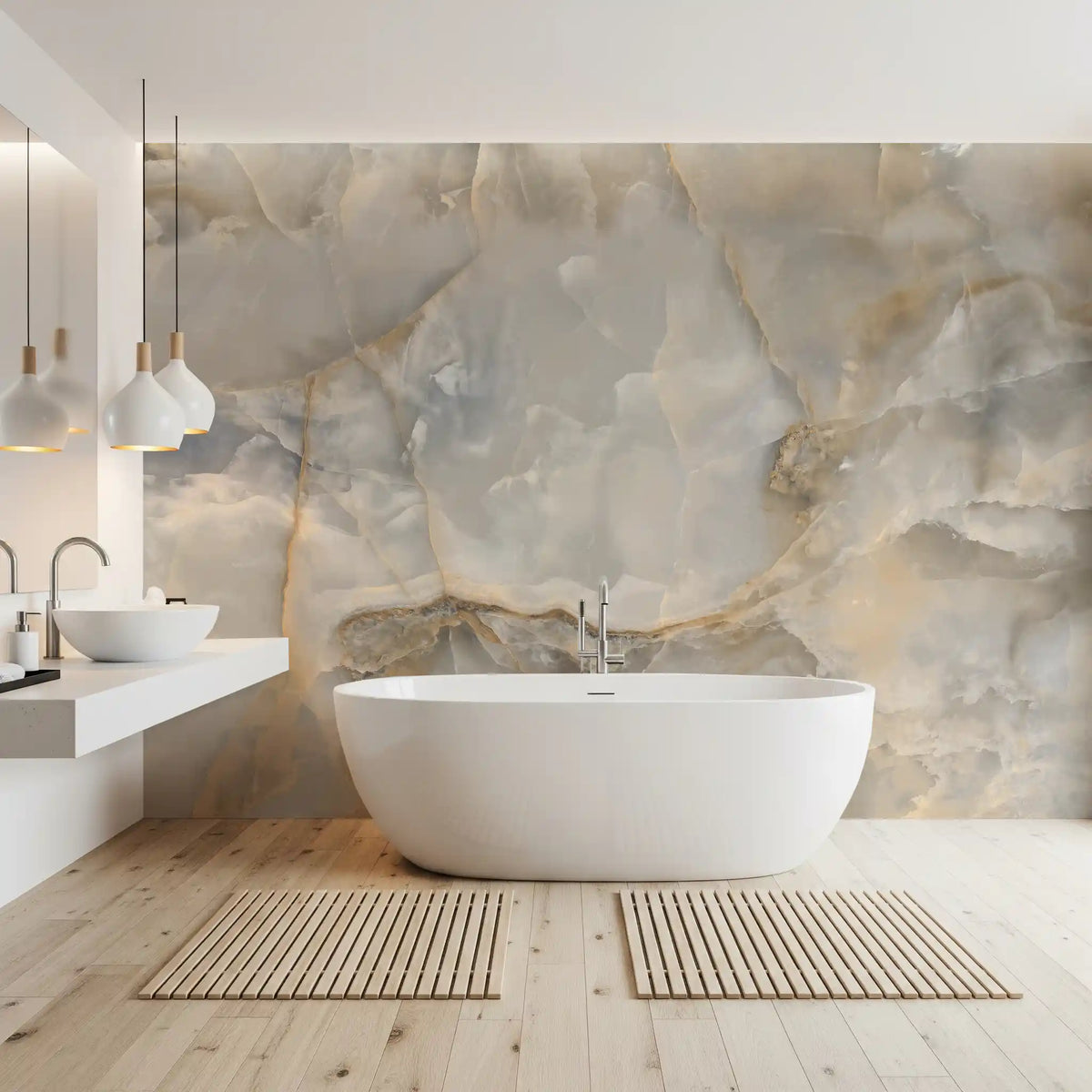 Murale da parete con venature di marmo color crema, dall’effetto rilassante