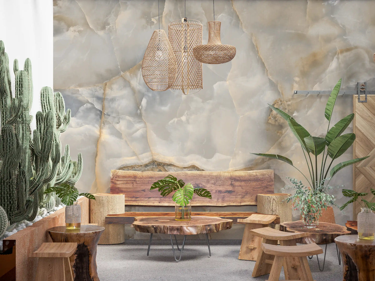 Murale da parete con venature di marmo color crema, dall’effetto rilassante