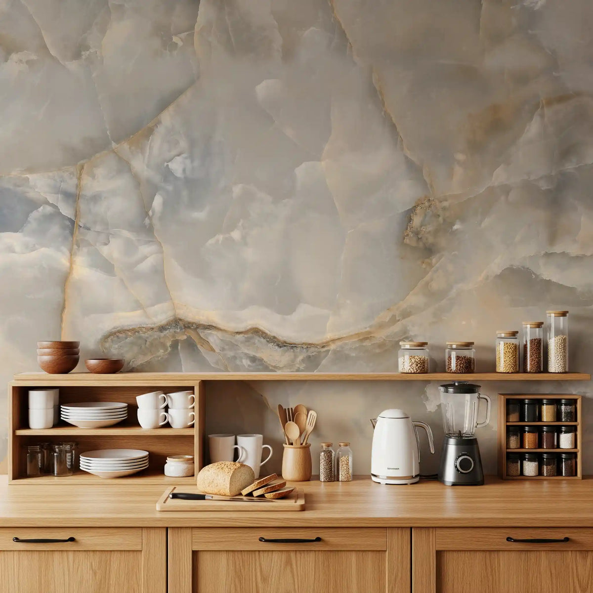 Murale da parete con venature di marmo color crema, dall’effetto rilassante