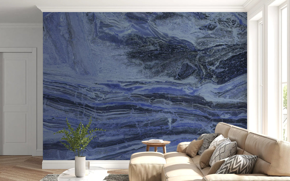 Papier peint panoramique à volutes de marbre bleu azur profond