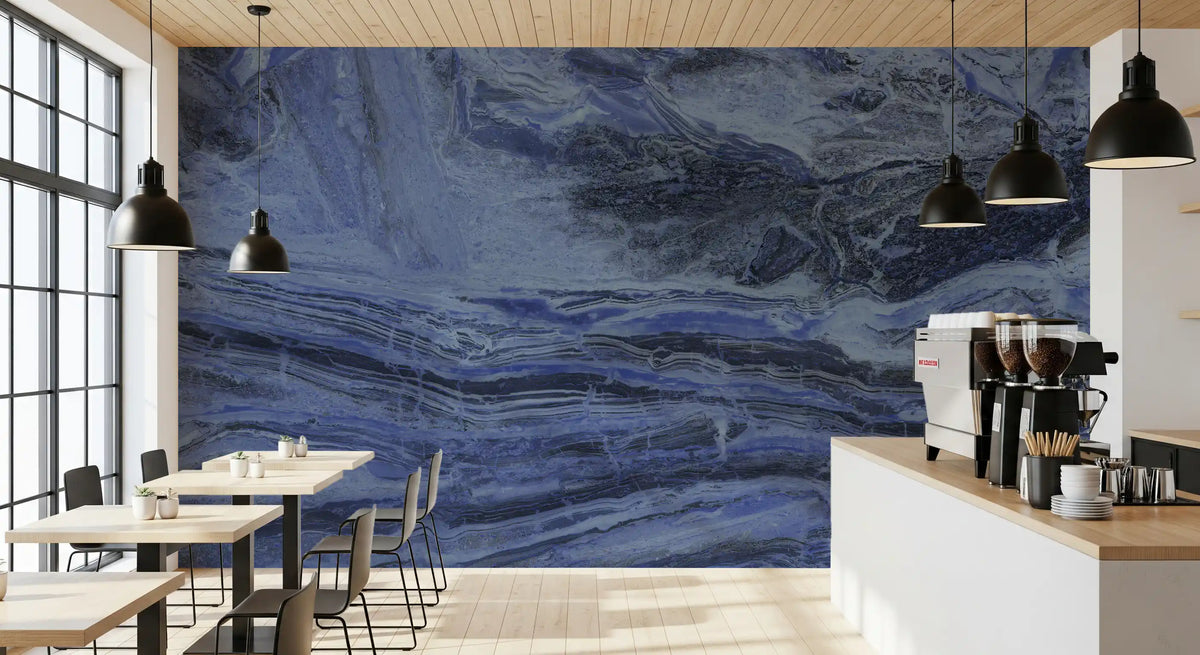 Papier peint panoramique à volutes de marbre bleu azur profond