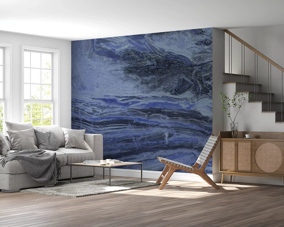 Papier peint panoramique à volutes de marbre bleu azur profond