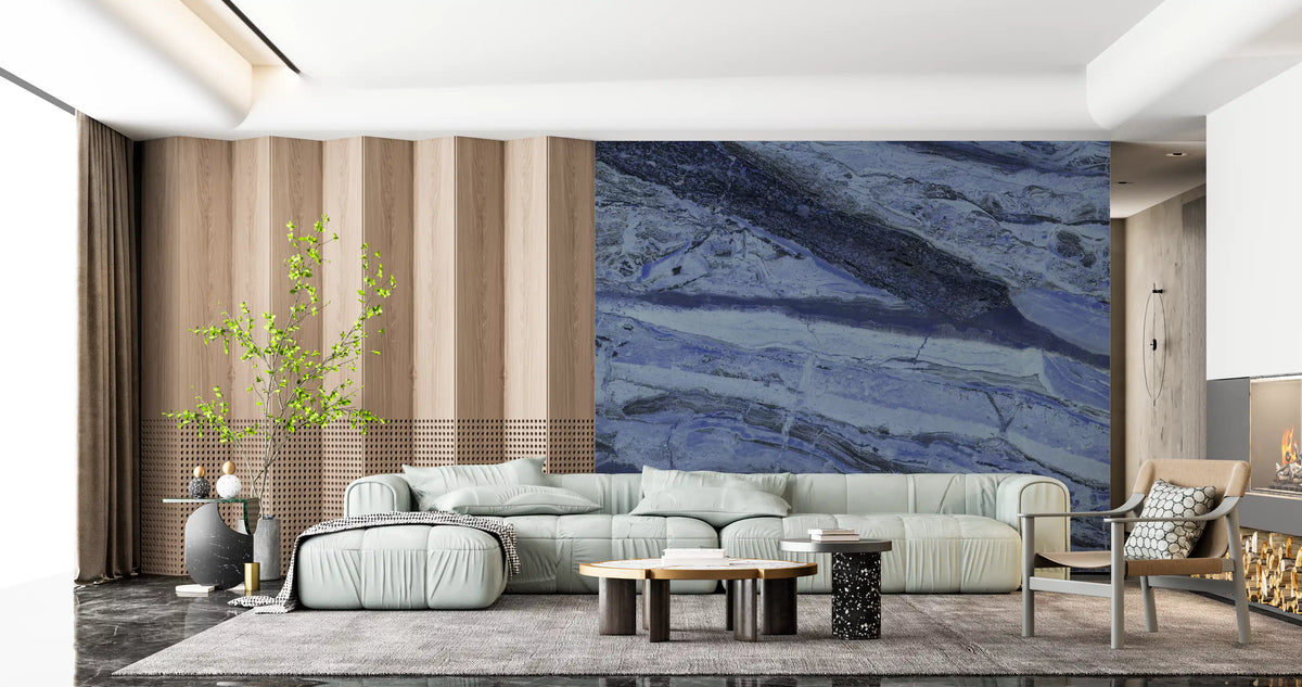 Wandbild mit Marmoradern in tiefem Kobaltblau