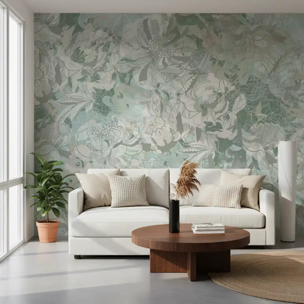 Wandbild mit botanischem Blumenmuster in sattem Salbei- und Olivgrün
