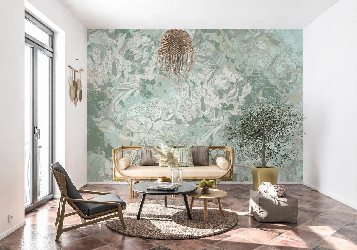 Wandbild mit botanischem Blumenmuster in sattem Salbei- und Olivgrün