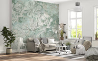 Wandbild mit botanischem Blumenmuster in sattem Salbei- und Olivgrün