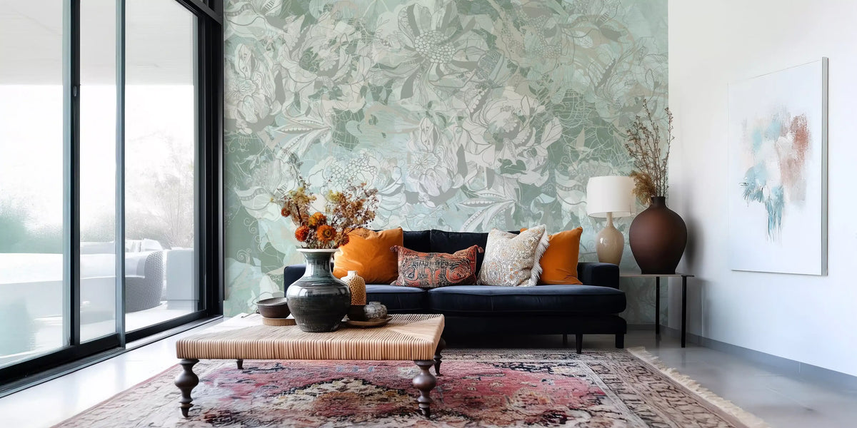 Wandbild mit botanischem Blumenmuster in sattem Salbei- und Olivgrün