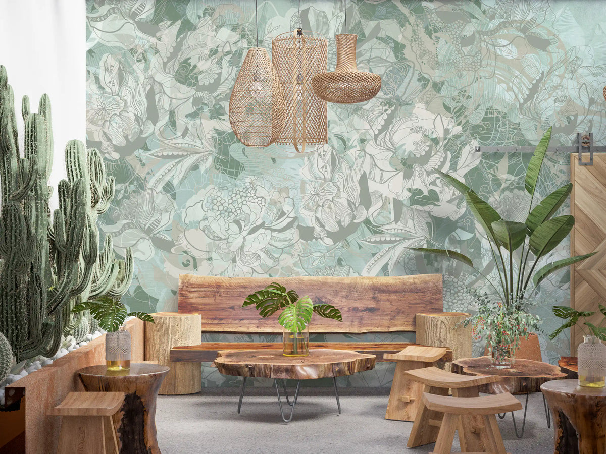 Wandbild mit botanischem Blumenmuster in sattem Salbei- und Olivgrün