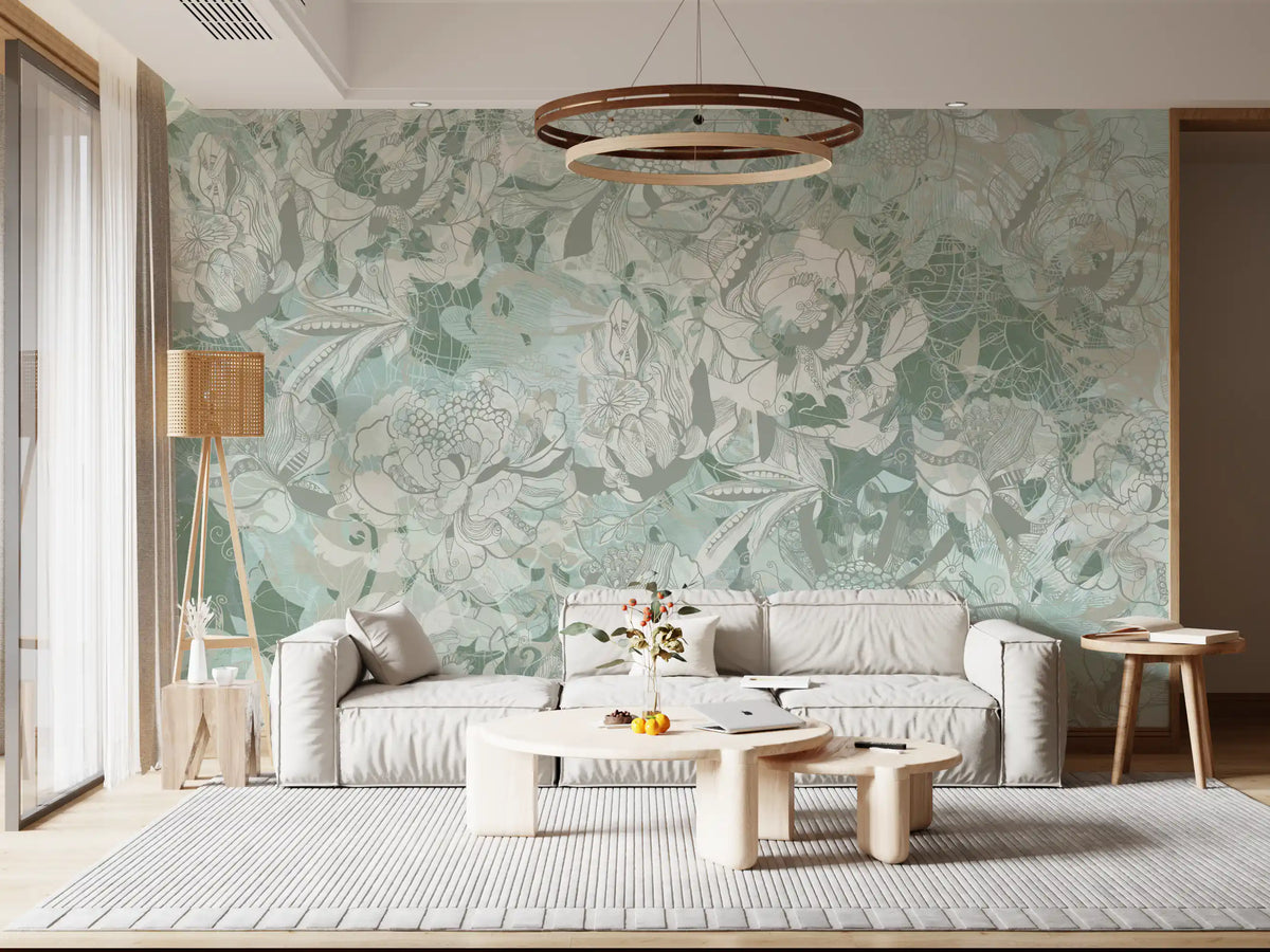 Wandbild mit botanischem Blumenmuster in sattem Salbei- und Olivgrün