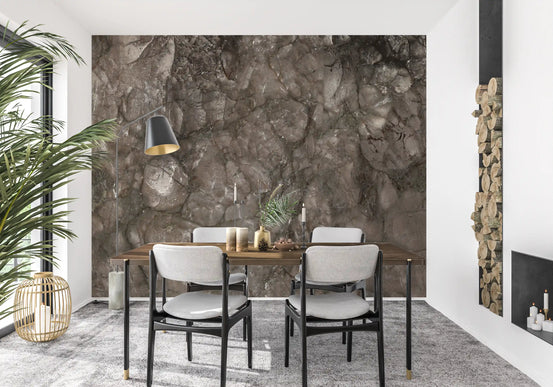 Dining nook with white upholstered chairs and black wall lamp on dark stone mural GD14011