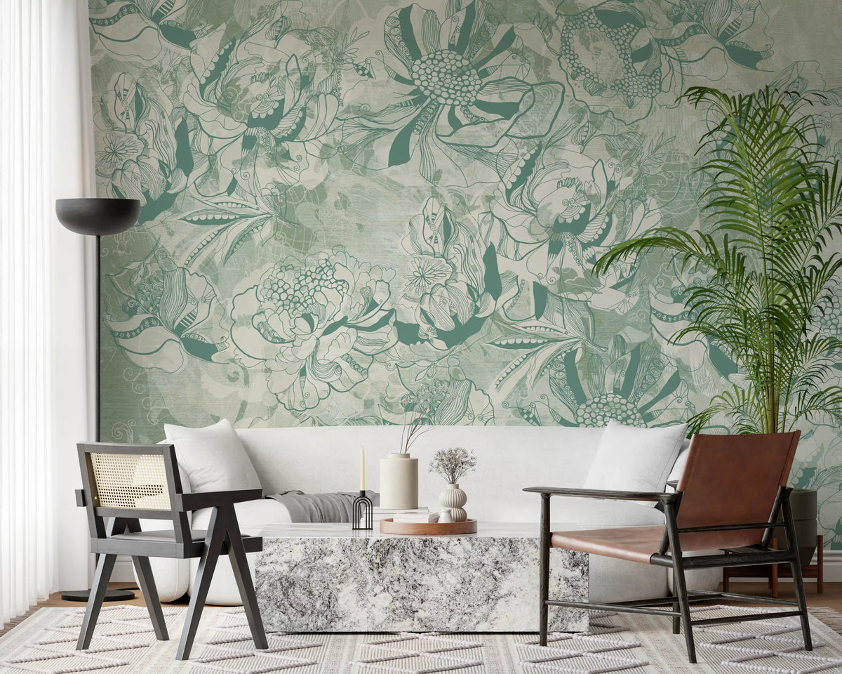 Botanisches Blumen-Wandbild in Eukalyptus-Minzgrün