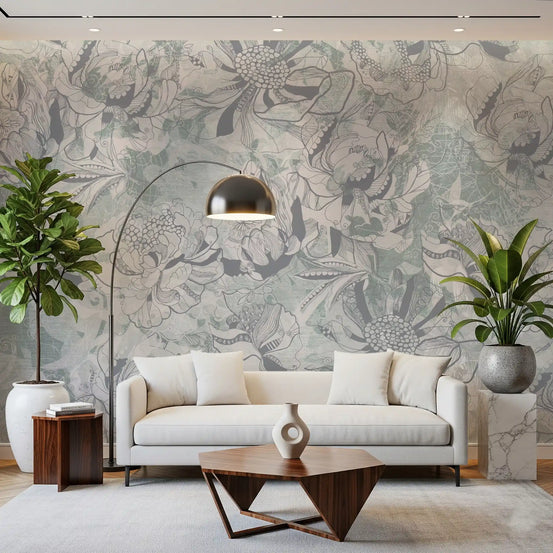Botanisches Blumen-Wandbild in Nebelgrau, Eis- und Türkistönen