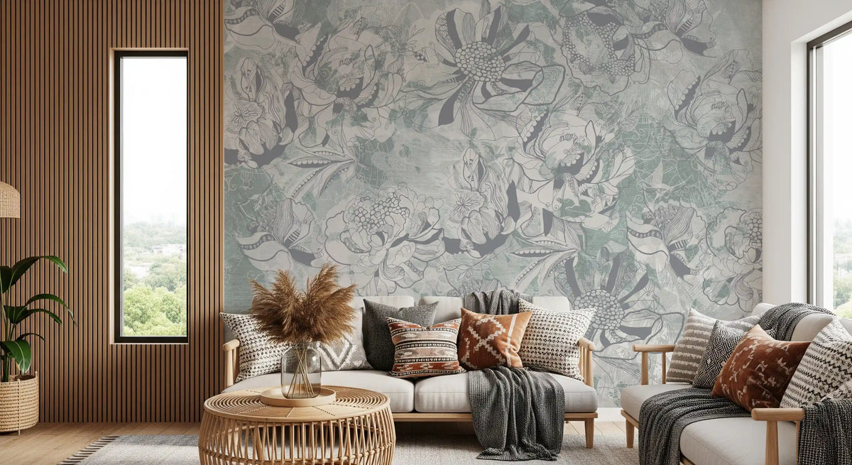 Misty Slate Ice Teal Botanical Floral Wall Mural Wall Mural