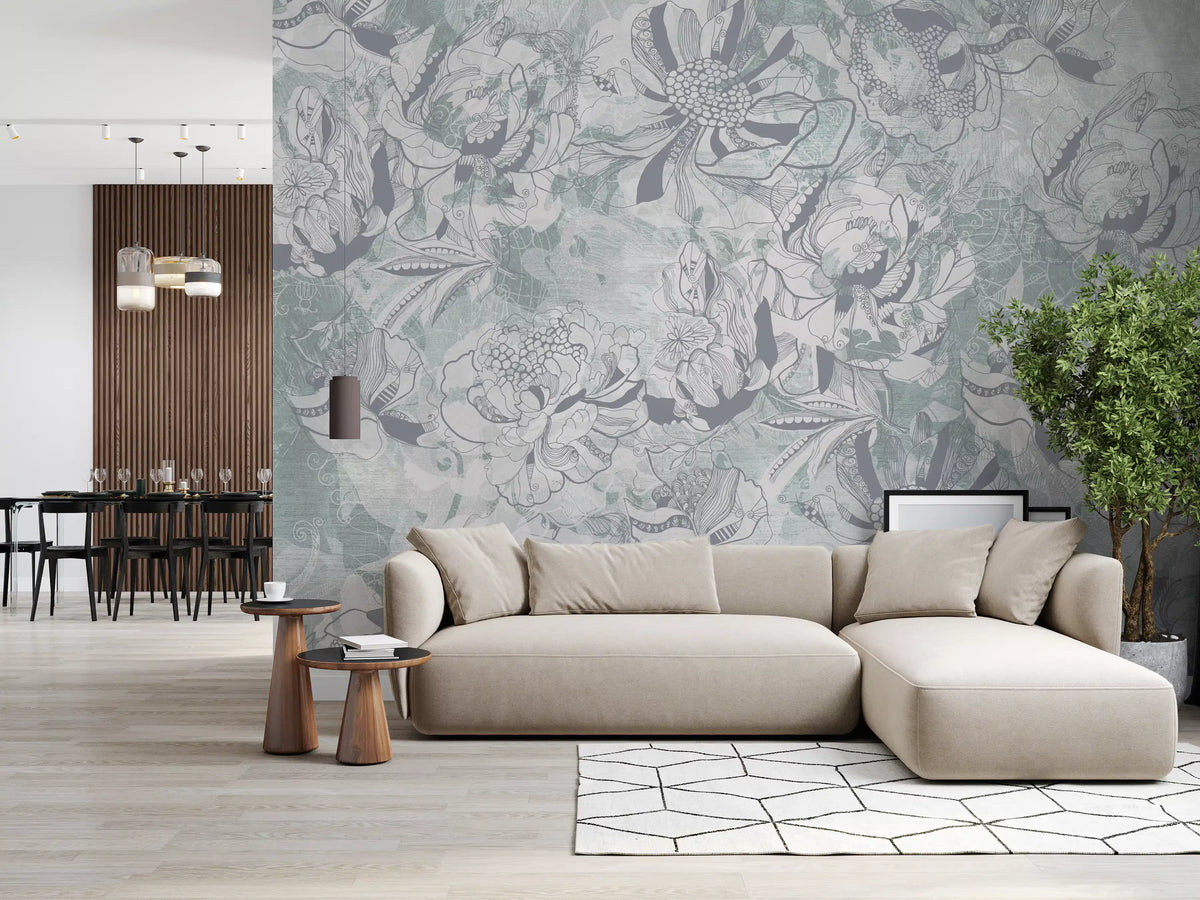Misty Slate Ice Teal Botanical Floral Wall Mural Wall Mural