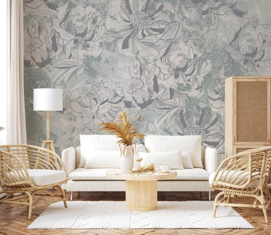Misty Slate Ice Teal Botanical Floral Wall Mural Wall Mural