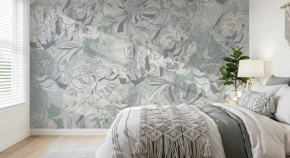 Misty Slate Ice Teal Botanical Floral Wall Mural Wall Mural