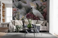 Papier peint panoramique avec cacatoès et flore tropicale