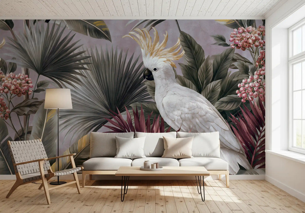 Papier peint panoramique avec cacatoès et flore tropicale