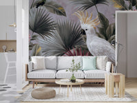 Papier peint panoramique avec cacatoès et flore tropicale