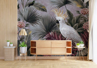 Papier peint panoramique avec cacatoès et flore tropicale