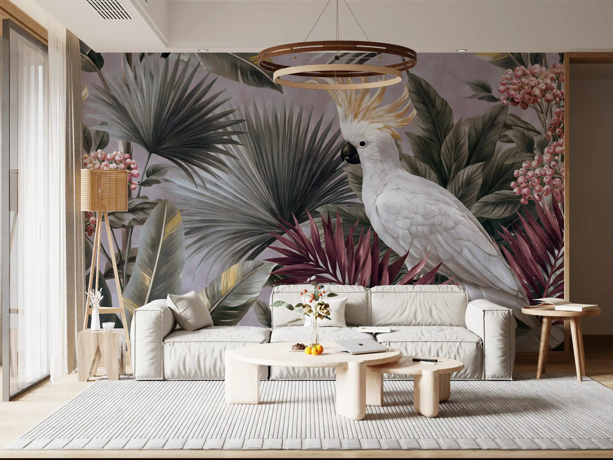 Papier peint panoramique avec cacatoès et flore tropicale