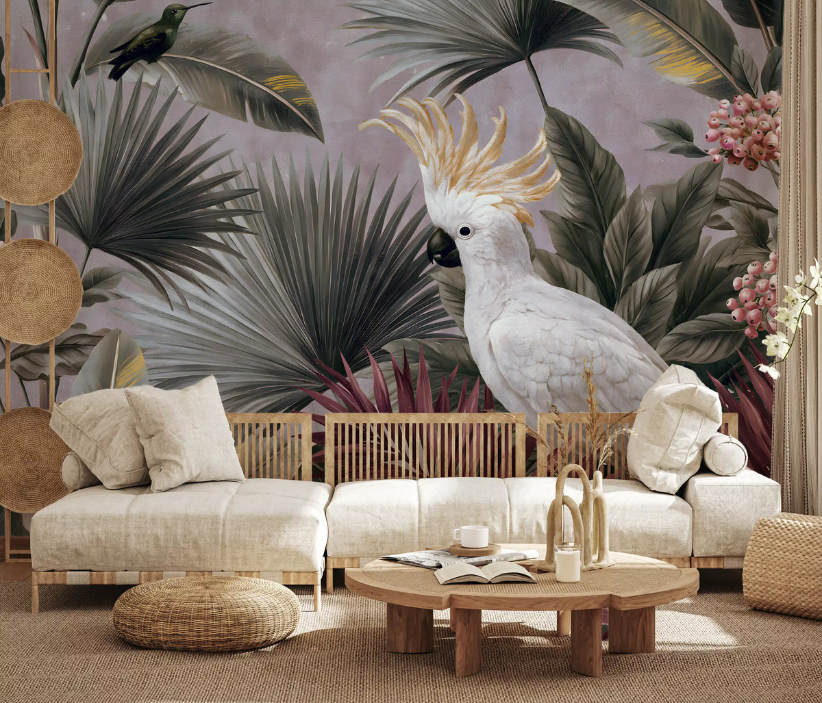Papier peint panoramique avec cacatoès et flore tropicale