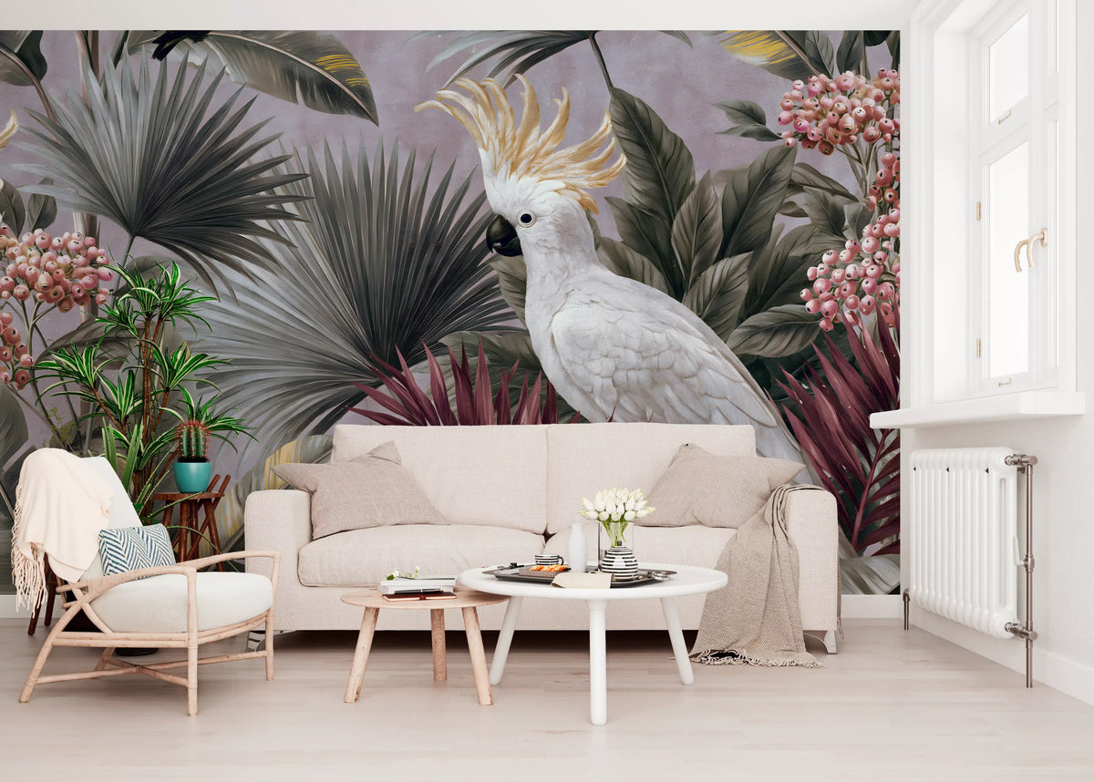 Papier peint panoramique avec cacatoès et flore tropicale