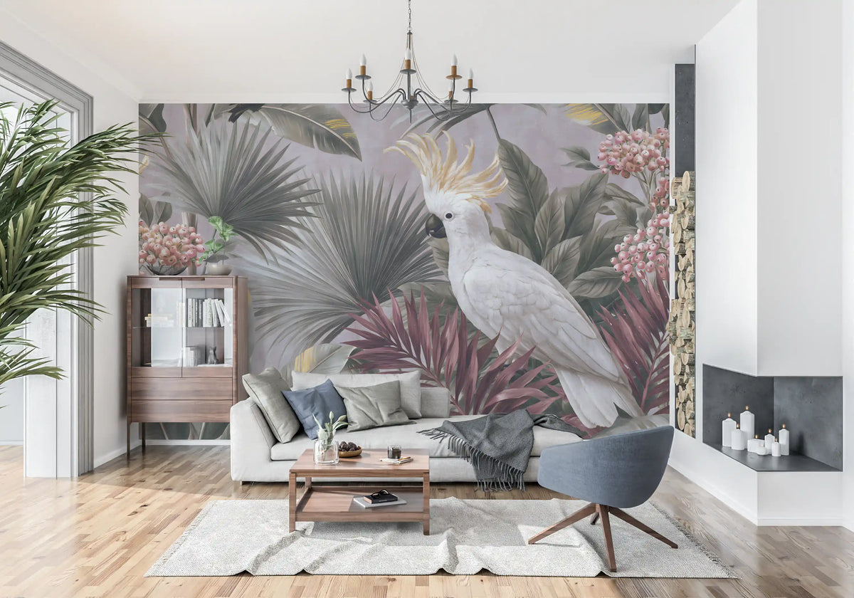 Papier peint panoramique avec cacatoès et flore tropicale