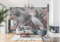 Papier peint panoramique avec cacatoès et flore tropicale