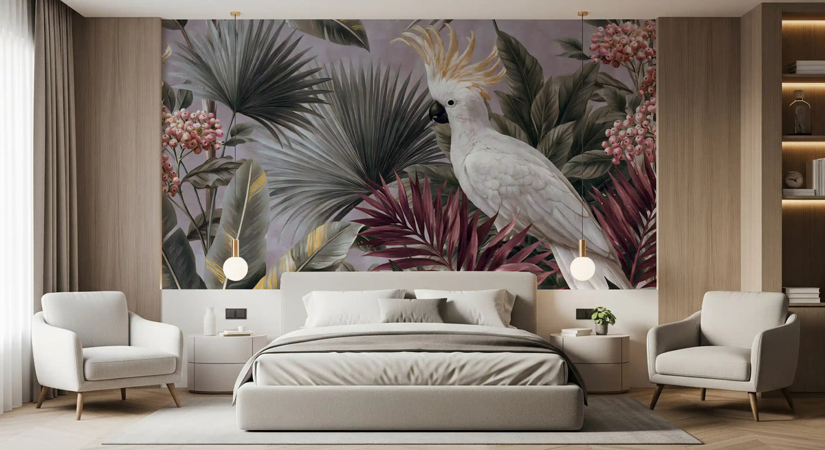 Papier peint panoramique avec cacatoès et flore tropicale