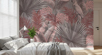 Wandbild mit Kakadu in gedecktem Rosa und tropischem Blattwerk
