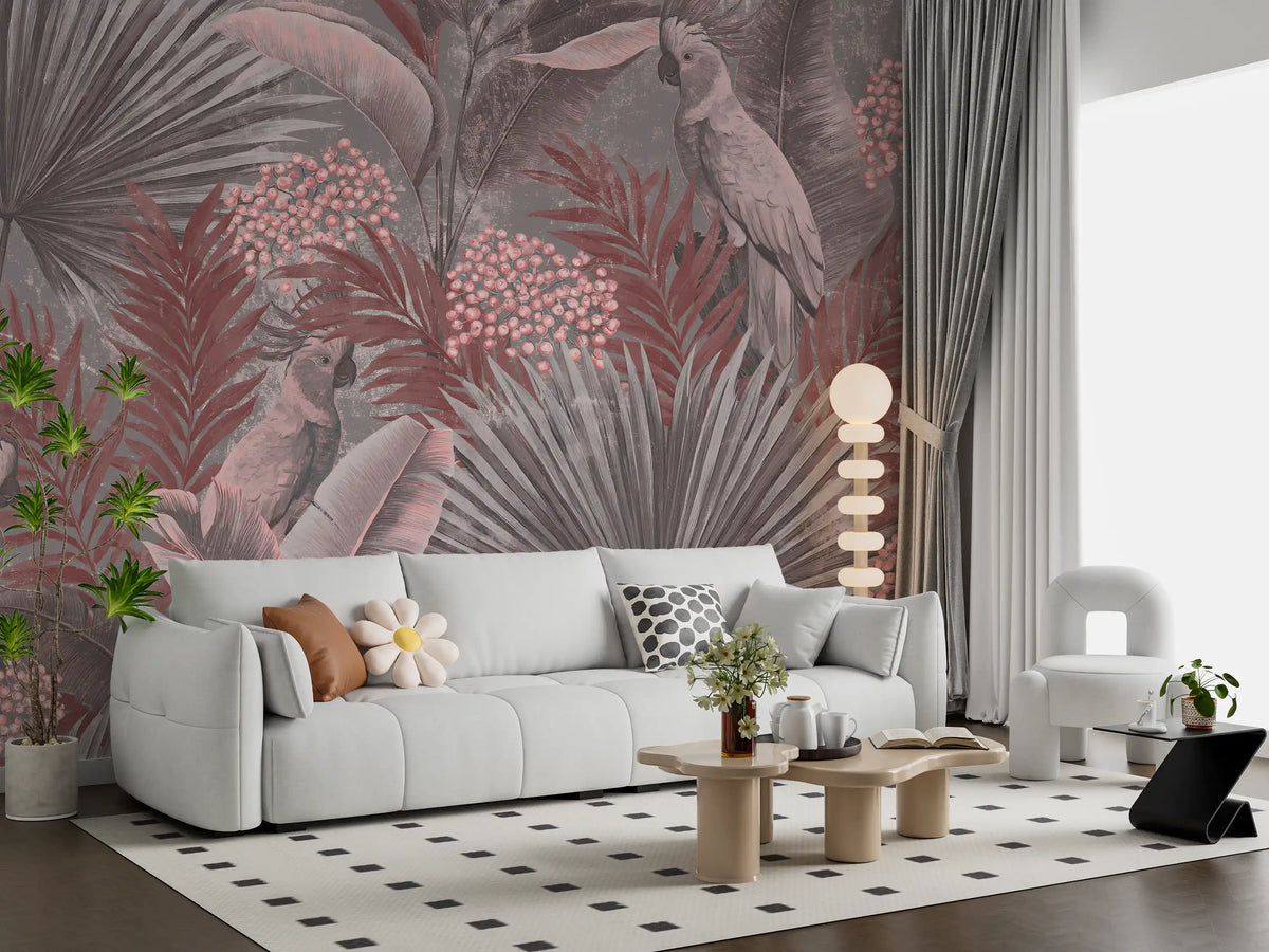 Wandbild mit Kakadu in gedecktem Rosa und tropischem Blattwerk