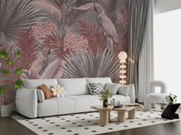 Wandbild mit Kakadu in gedecktem Rosa und tropischem Blattwerk