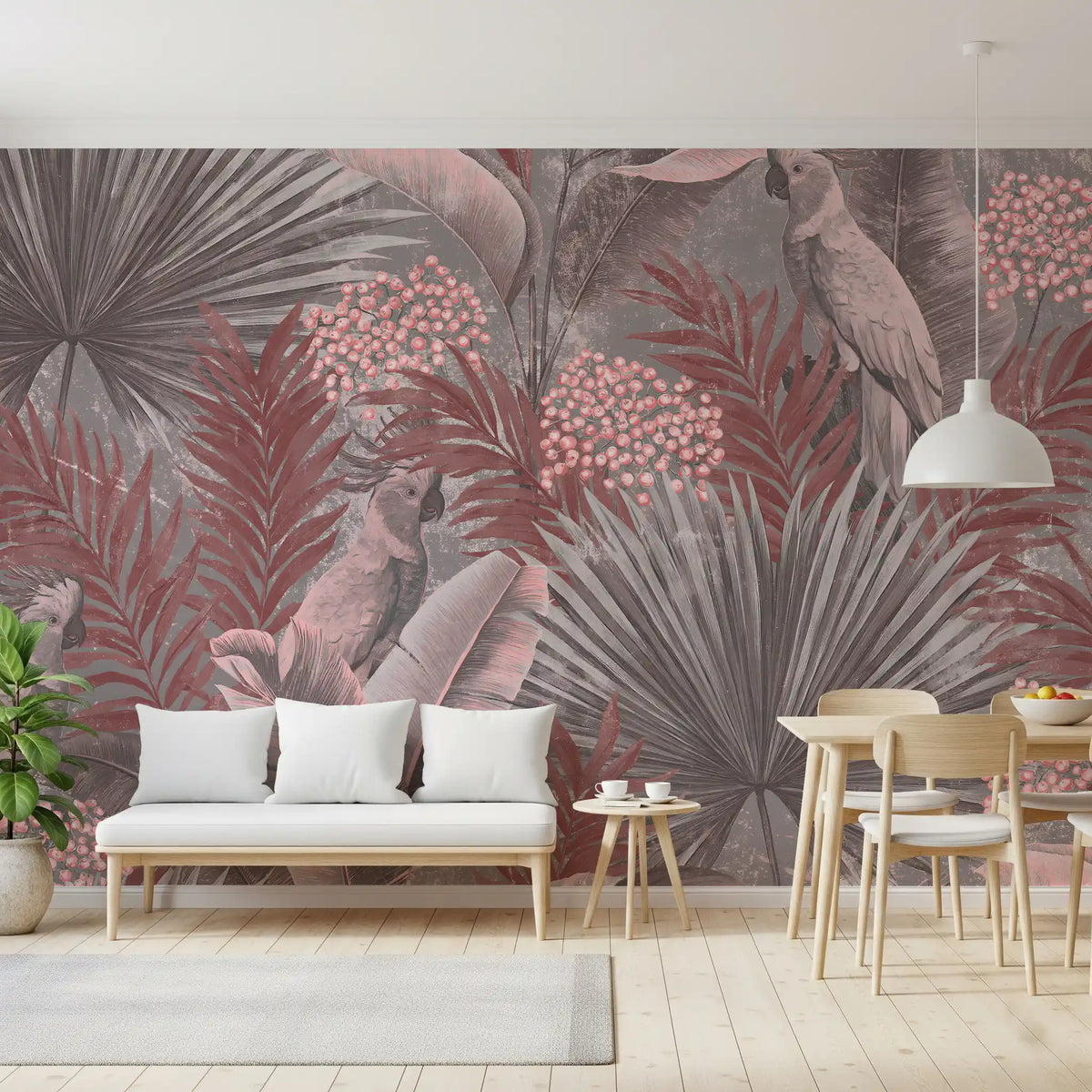 Wandbild mit Kakadu in gedecktem Rosa und tropischem Blattwerk