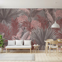 Wandbild mit Kakadu in gedecktem Rosa und tropischem Blattwerk