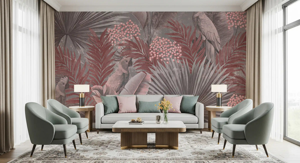 Wandbild mit Kakadu in gedecktem Rosa und tropischem Blattwerk