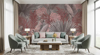 Wandbild mit Kakadu in gedecktem Rosa und tropischem Blattwerk