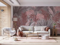 Wandbild mit Kakadu in gedecktem Rosa und tropischem Blattwerk