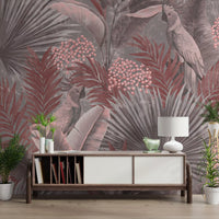 Wandbild mit Kakadu in gedecktem Rosa und tropischem Blattwerk